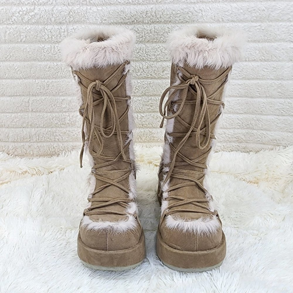 311 Cubby Tan Platform Furry Go-go Mammoth Stomper Knee Boots - Picture 11 of 12